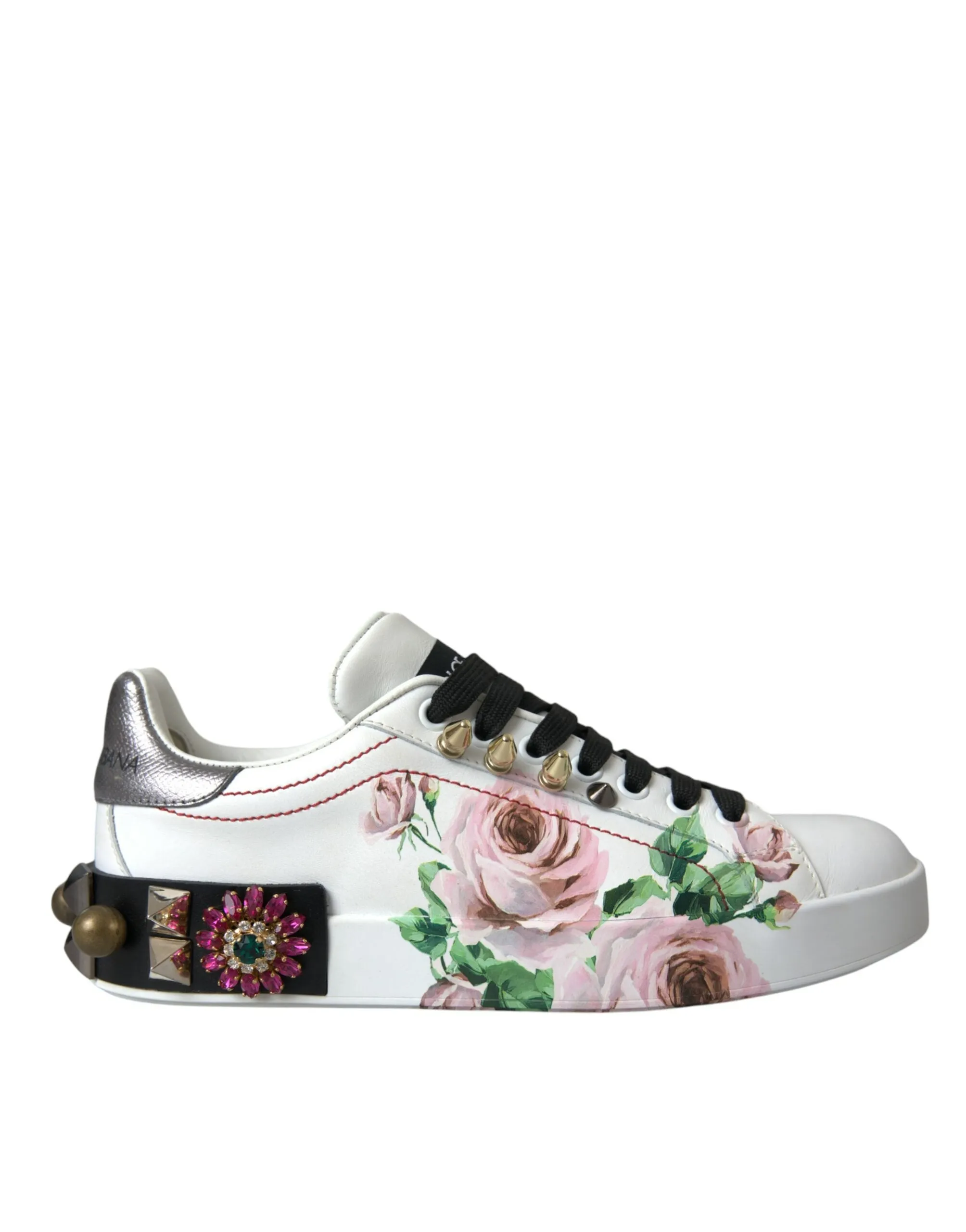 White Leather Crystal Roses Floral Sneakers Shoes sold by Louxly