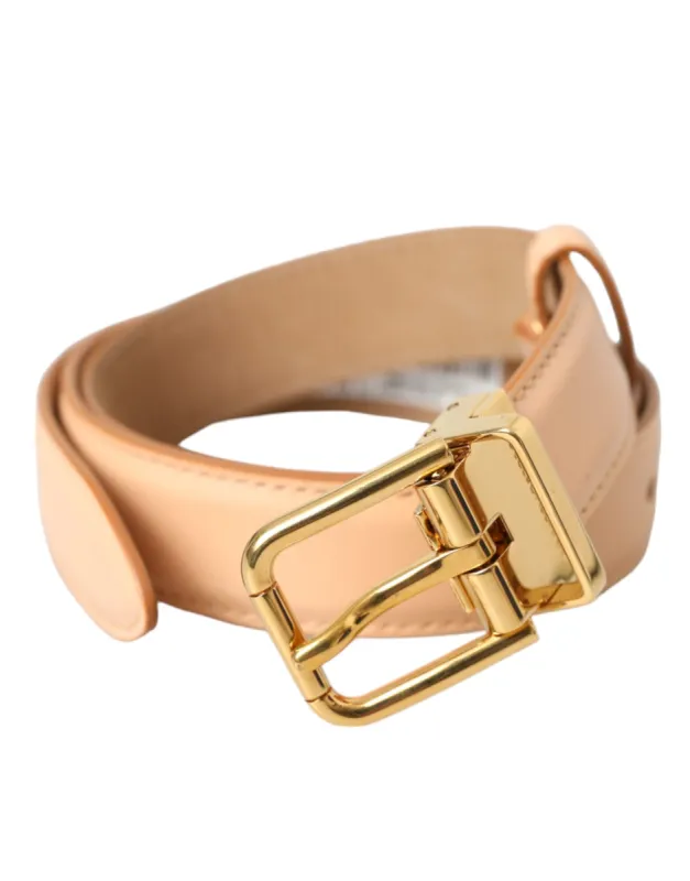 Beige Calfskin Leather Gold Metal Buckle Belt sold by Louxly