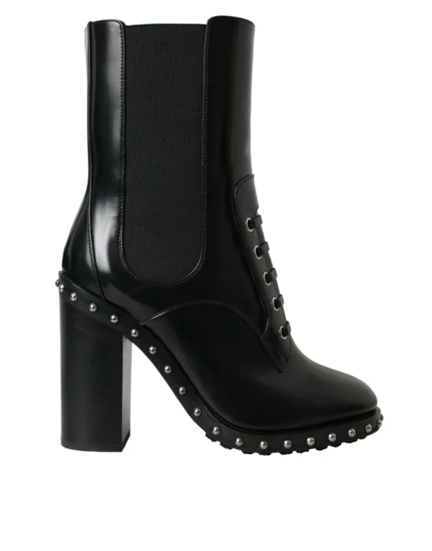 Black Leather Studded Lace Up Boots Shoes sold by Louxly