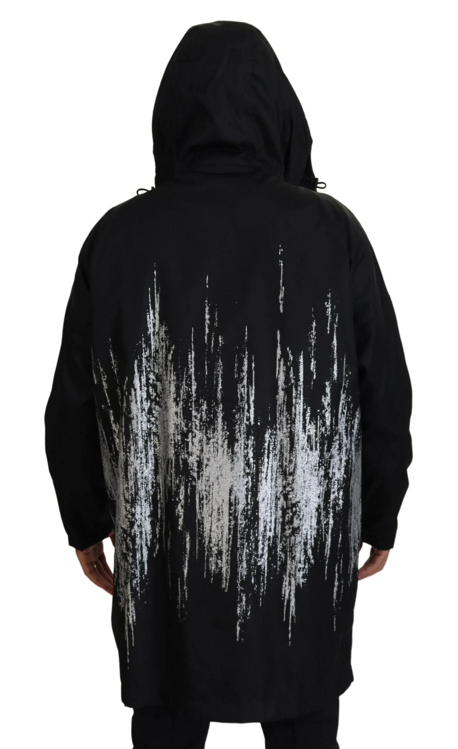 Black White Print Long Hooded Coat Nylon Jacket sold by Louxly product image thumbnail 3