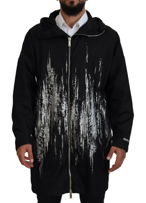 Black White Print Long Hooded Coat Nylon Jacket sold by Louxly