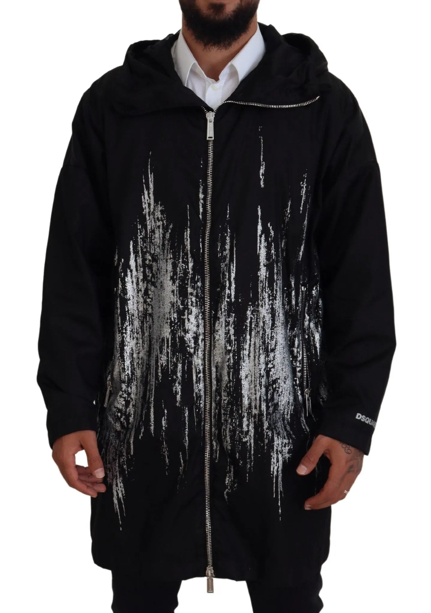 Black White Print Long Hooded Coat Nylon Jacket sold by Louxly product image thumbnail 5