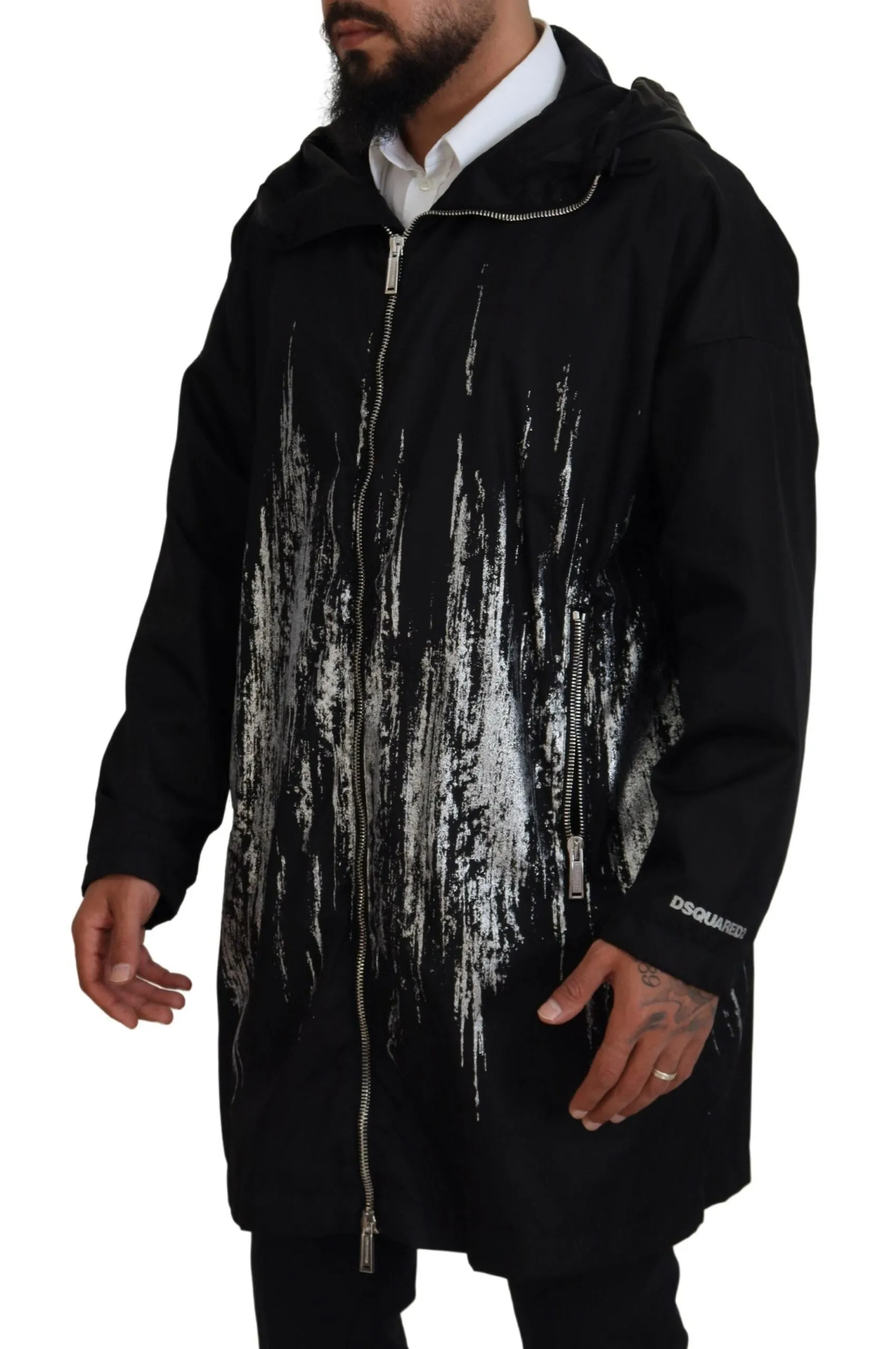 Black White Print Long Hooded Coat Nylon Jacket sold by Louxly product image thumbnail 2
