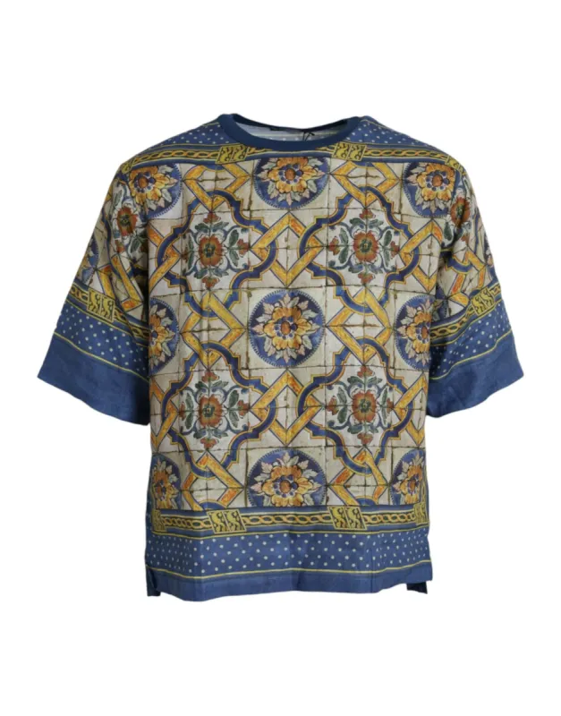 Multicolor Majolica Linen Short Sleeve T-shirt sold by Louxly