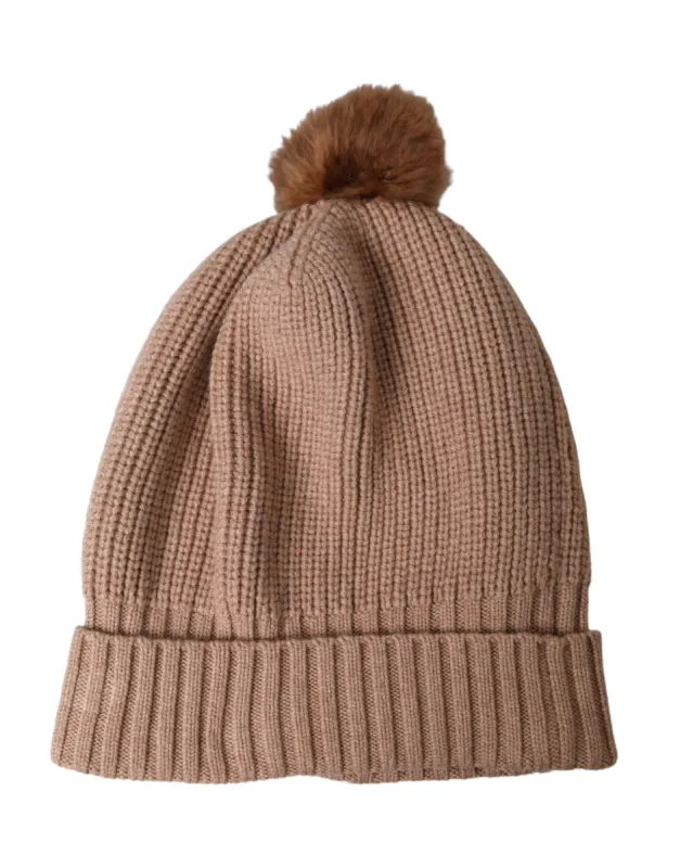 Brown Solid Knitted Fur Ball Winter Beanie Hat sold by Louxly