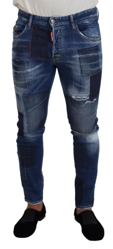 Blue Washed Patchwork Skinny Men Denim Jeans made by Louxly