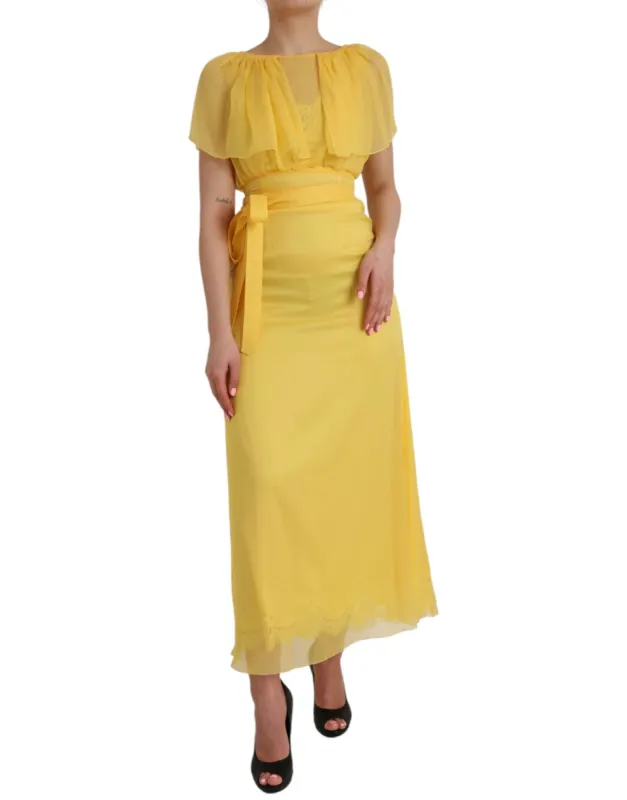 Yellow Silk Sheath Belted Long Maxi Dress sold by Louxly