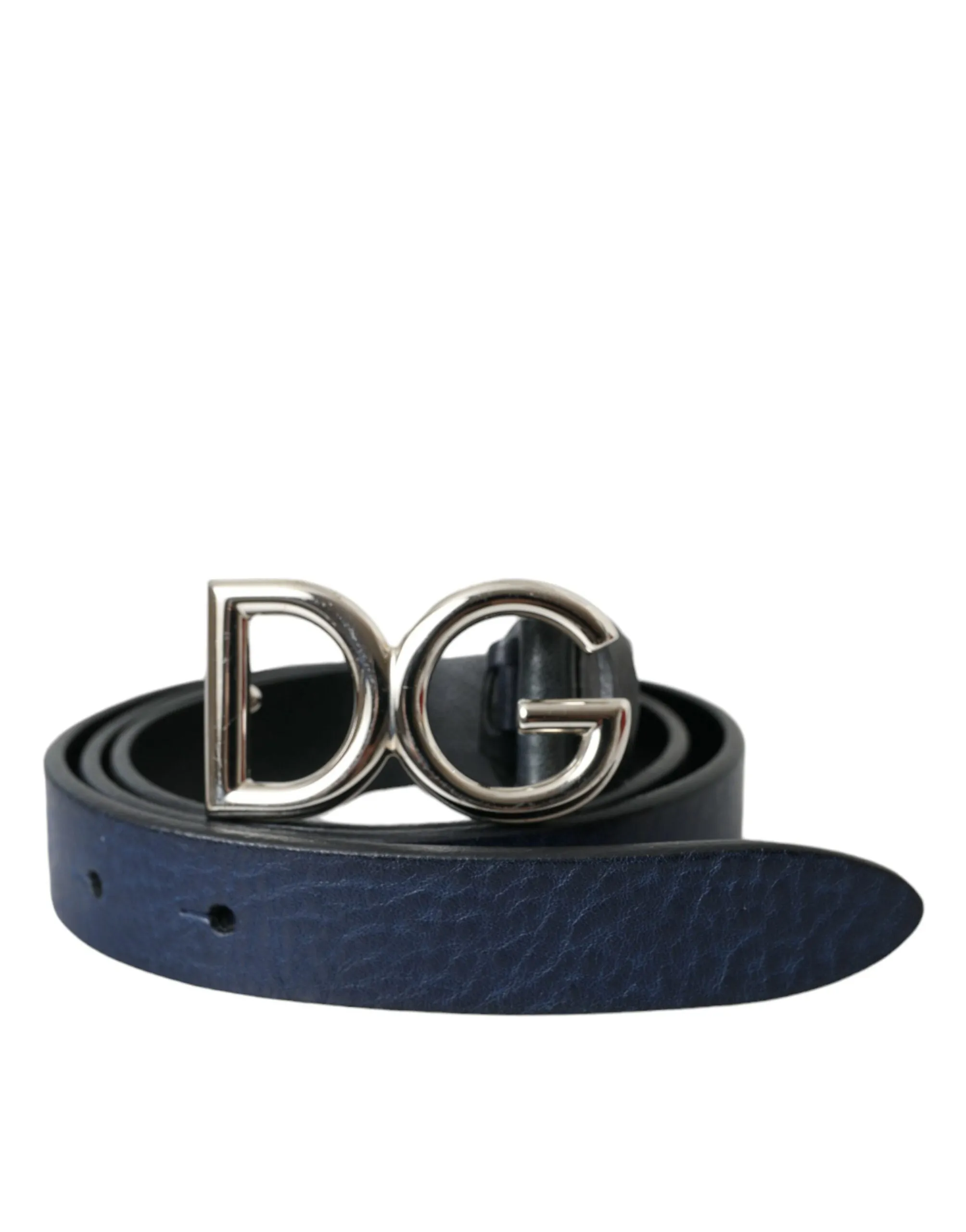 Blue Leather Silver Metal Logo Buckle Belt Men sold by Louxly