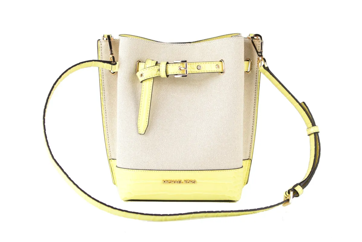 Emilia Small Canvas Snakeskin Print Leather Bucket Bag Messenger Crossbody Handbag (Buttercup) sold by Louxly