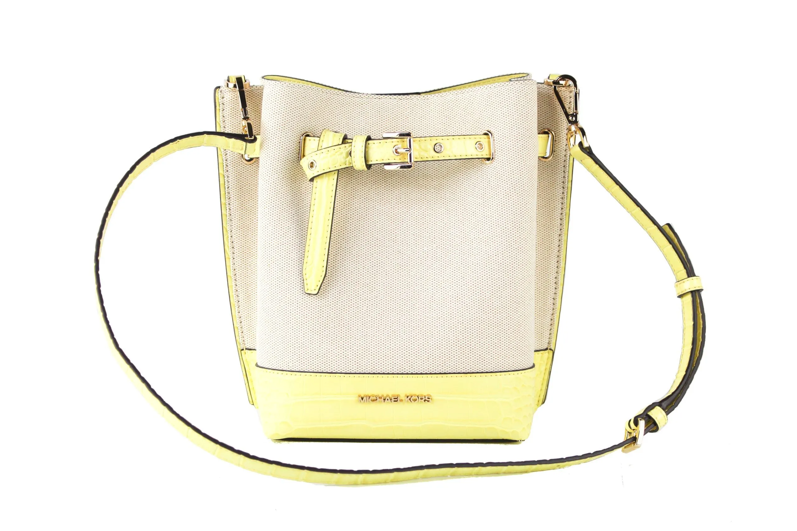 Emilia Small Canvas Snakeskin Print Leather Bucket Bag Messenger Crossbody Handbag (Buttercup) sold by Louxly