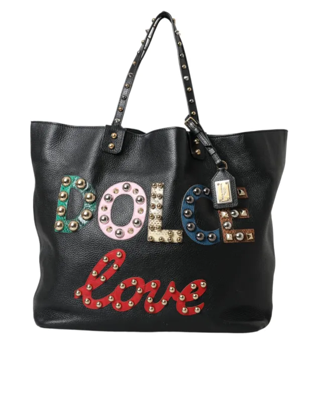 Black BEATRICE Leather Embellished Shopping Tote Bag sold by Louxly