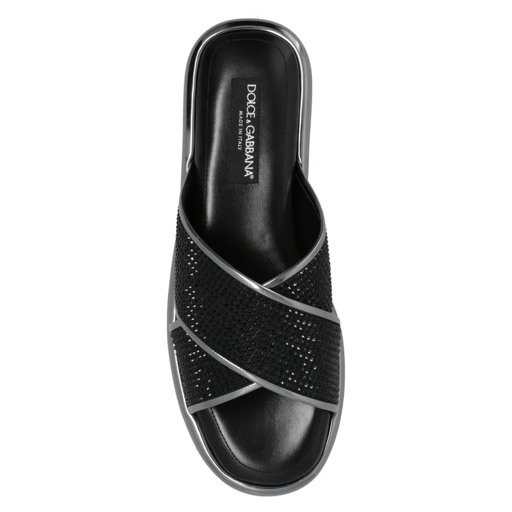Black Zircon-Bedecked Leather Slippers sold by Louxly product image thumbnail 4