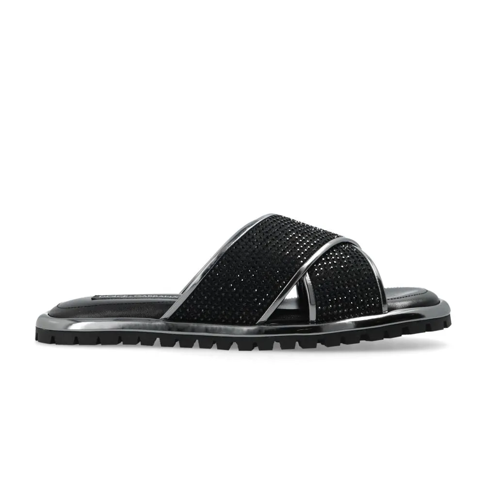 Black Zircon-Bedecked Leather Slippers sold by Louxly