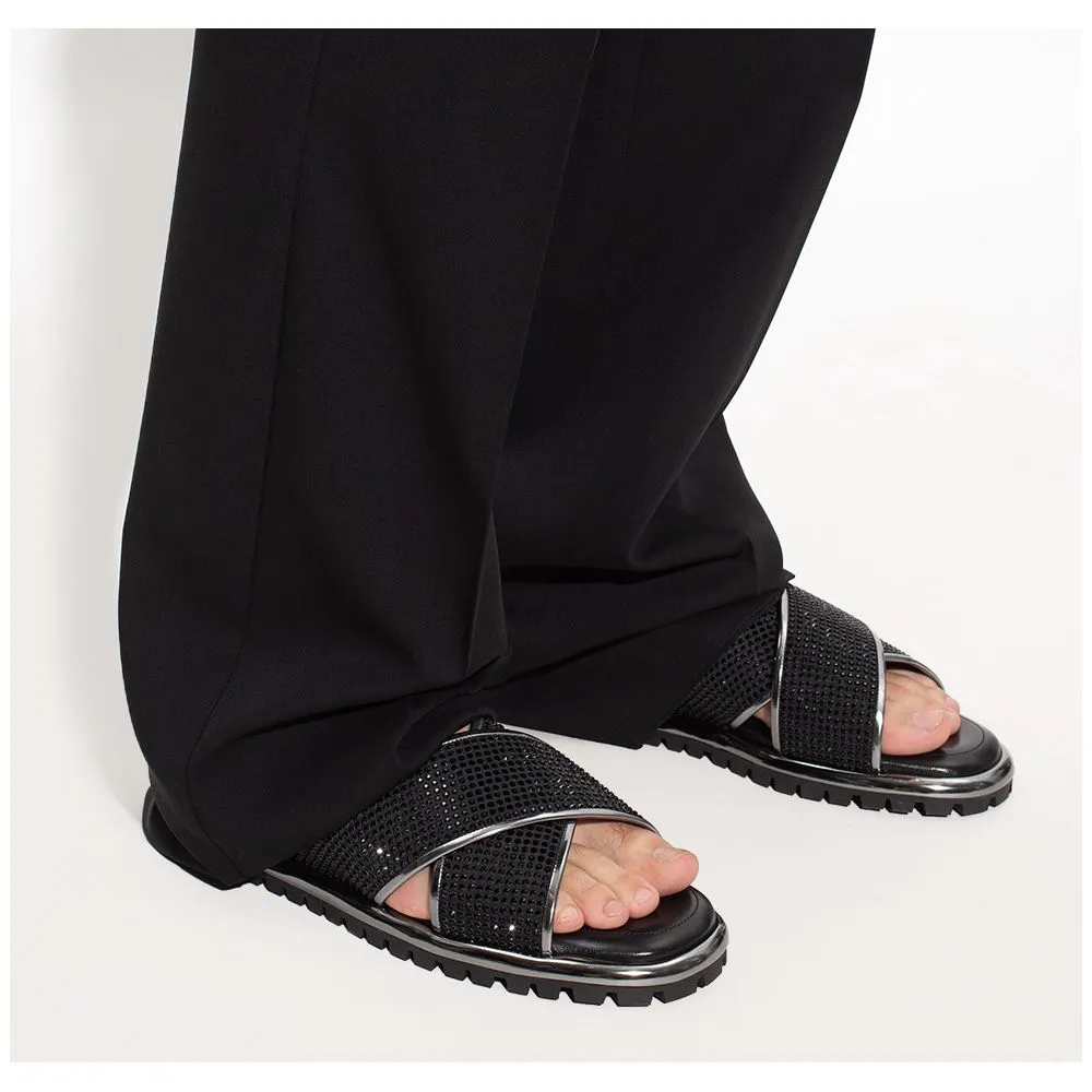 Black Zircon-Bedecked Leather Slippers sold by Louxly product image thumbnail 5