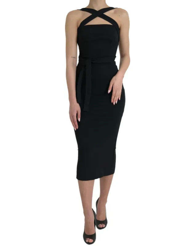 Elegant Black Sheath Halter Midi Dress sold by Louxly