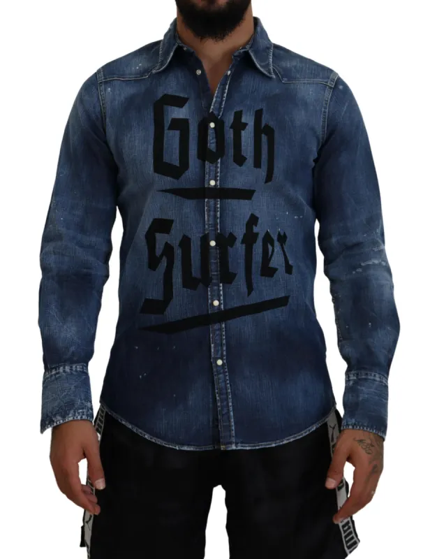 Blue Washed Goth Surfer Print Men Denim Shirt sold by Louxly