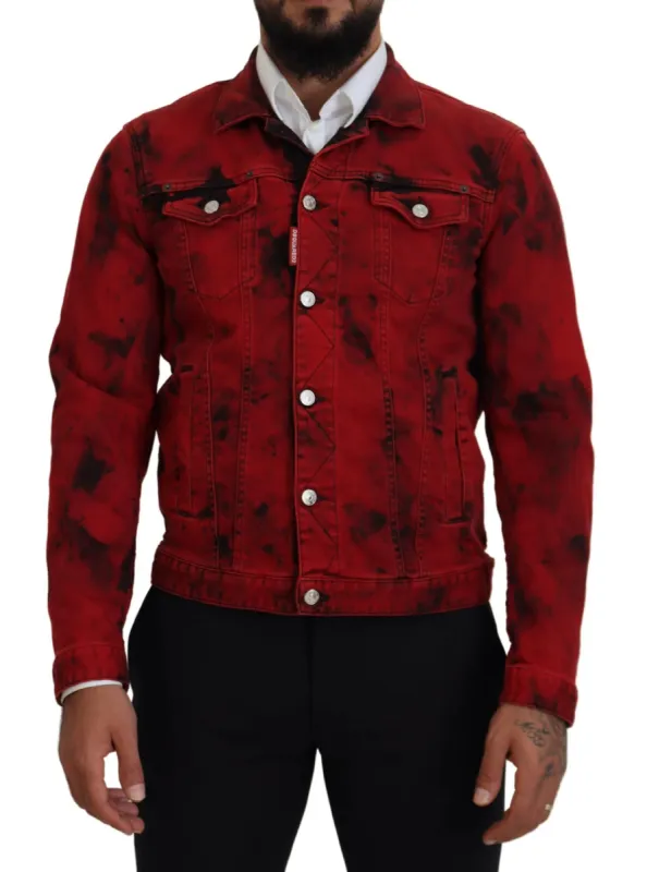 Red Black Tie Dye Collared Men Denim Jacket sold by Louxly