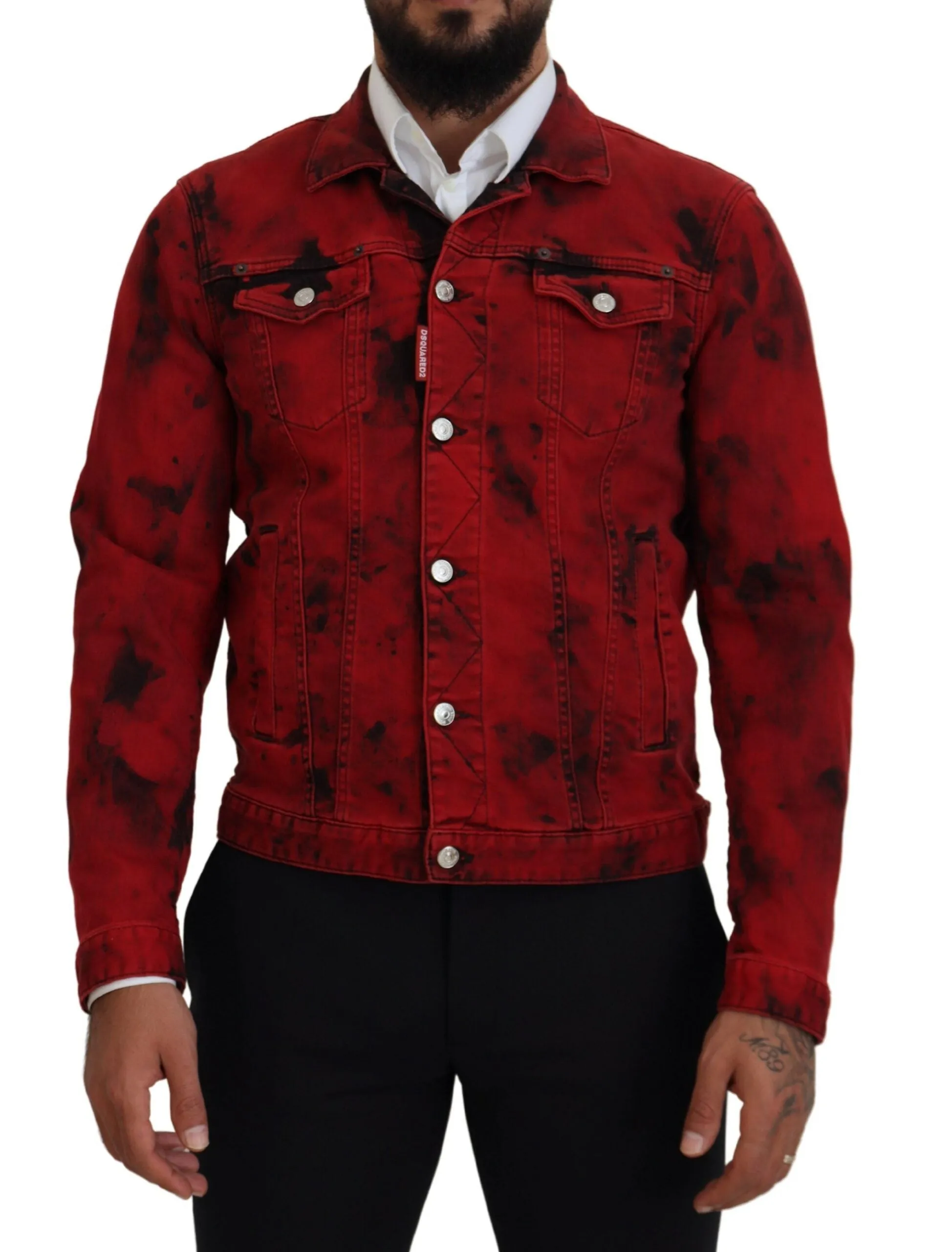 Red Black Tie Dye Collared Men Denim Jacket sold by Louxly