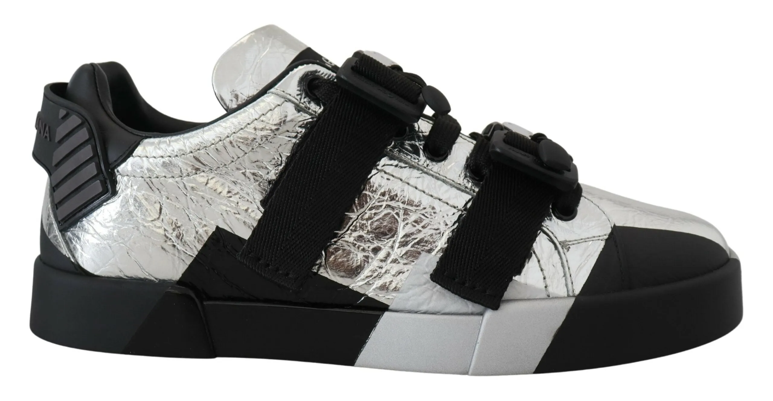 Exclusive Silver and Black Low Top Leather Sneakers sold by Louxly