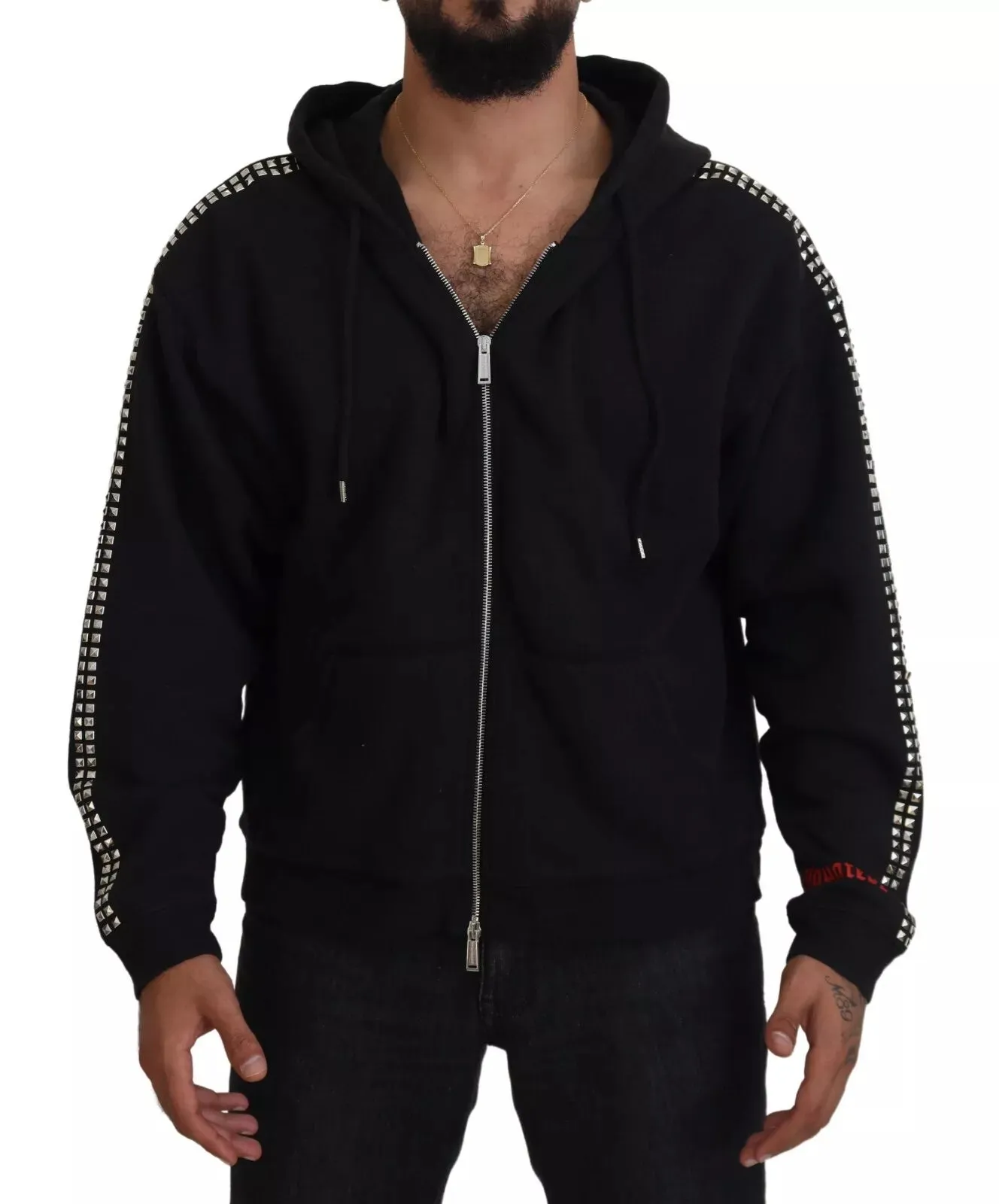 Black Embellished Full Zip Hooded Sweater sold by Louxly