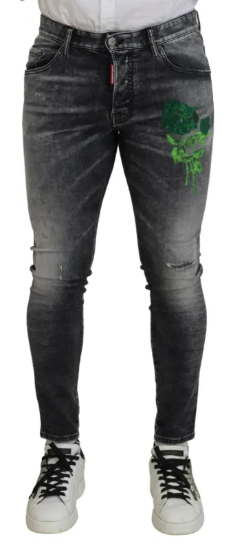 Gray Washed Green Print Skinny Casual Denim Jeans made by Louxly