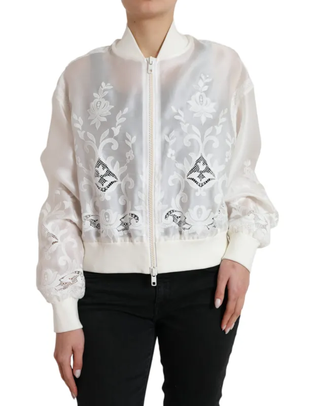 Elegant White Silk Bomber Jacket sold by Louxly