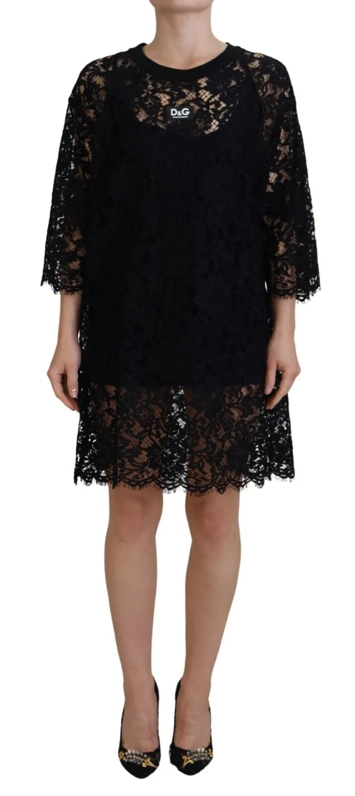 Elegant Black Floral Lace Shift Dress sold by Louxly