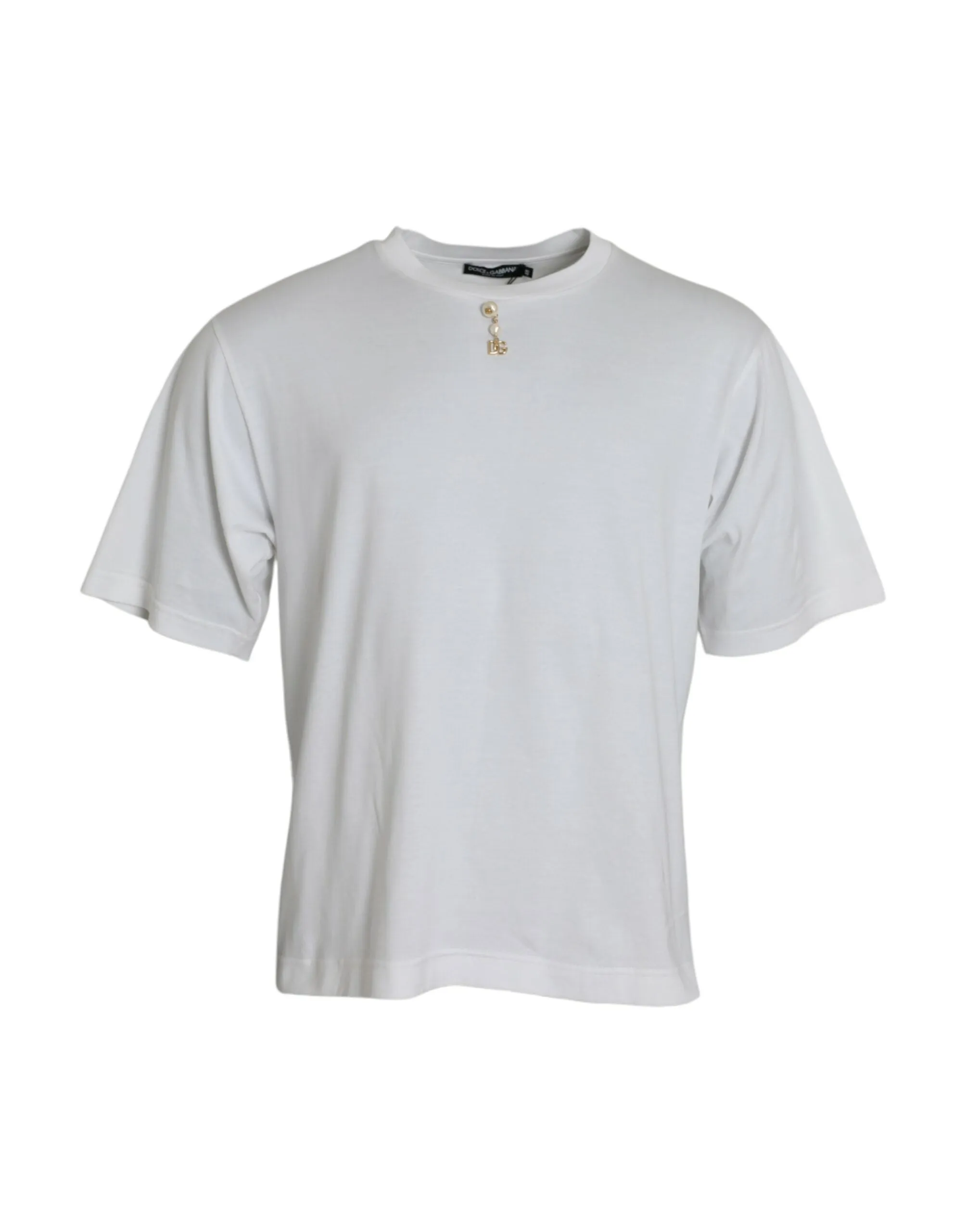 White Embellished Cotton Crew Neck T-shirt sold by Louxly