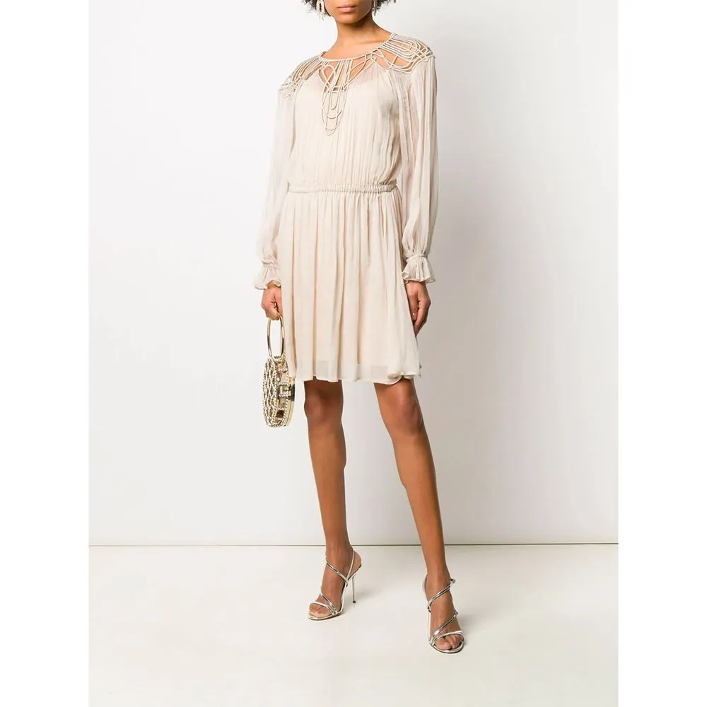 Elegant Beige Silk Panel Dress with Long Sleeves sold by Louxly product image thumbnail 3