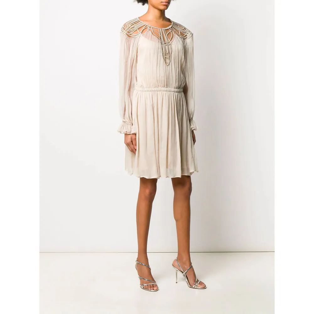 Elegant Beige Silk Panel Dress with Long Sleeves sold by Louxly product image thumbnail 2