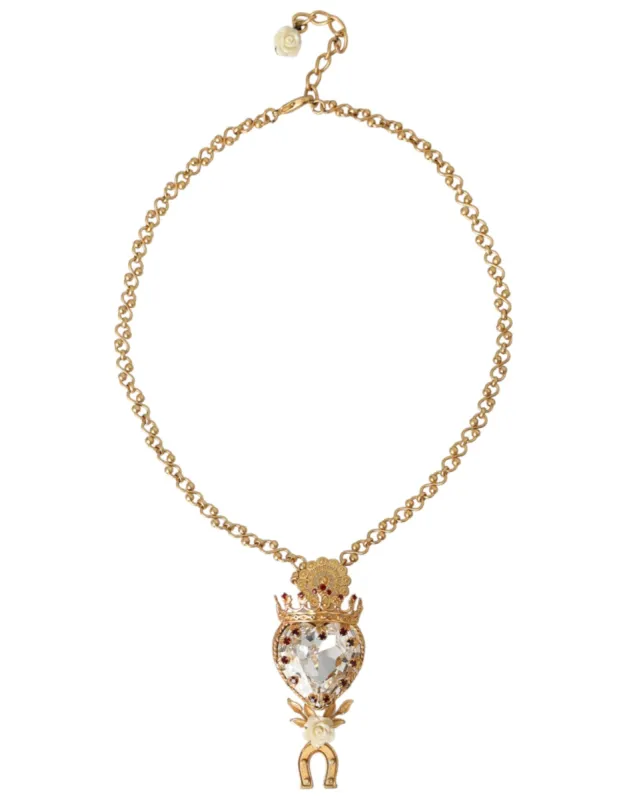 Gold Brass Chain Sacred Heart Crystal Charm Necklace sold by Louxly