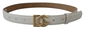 White Leather Gold DG Logo Buckle Belt Women sold by Louxly