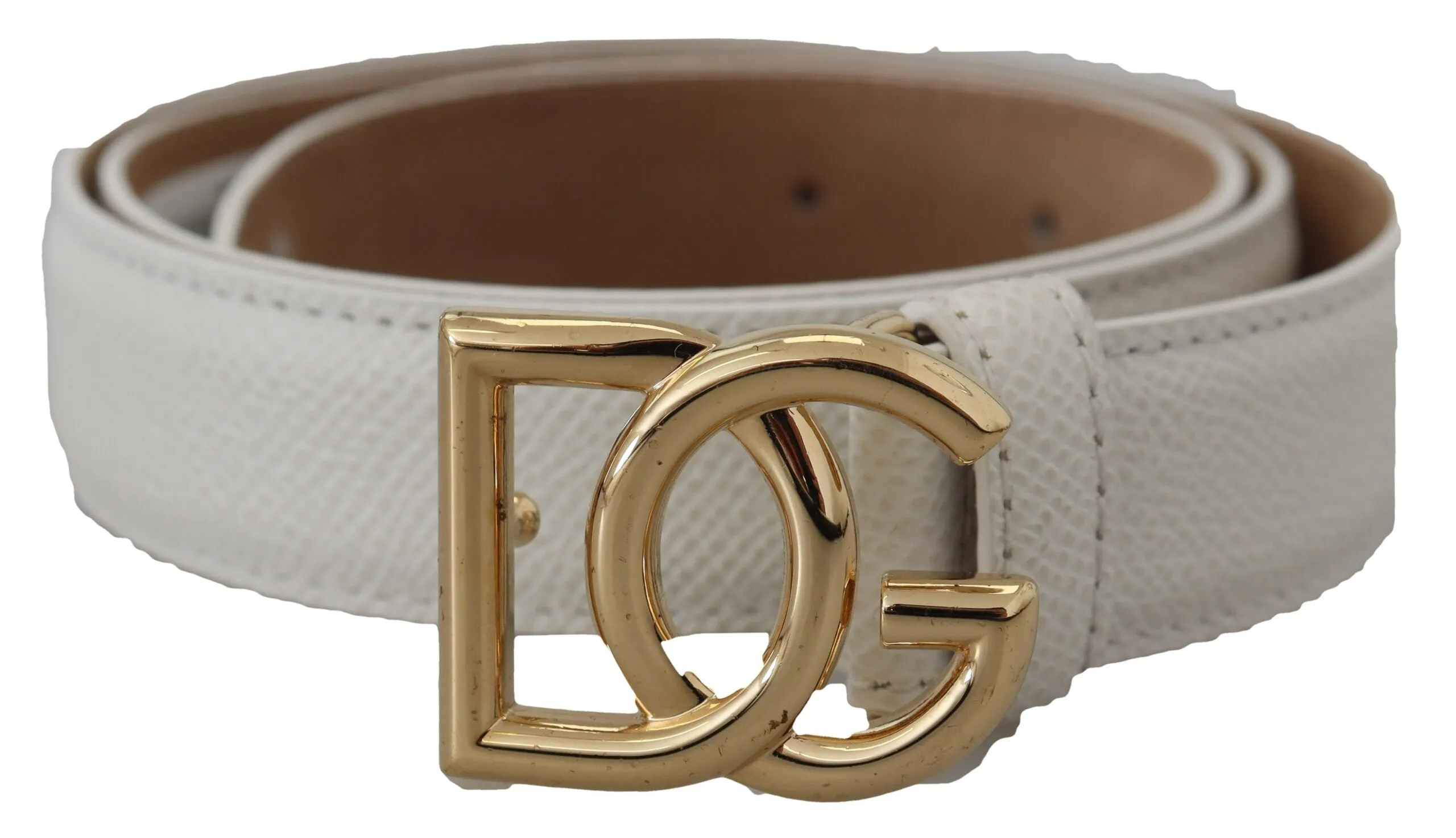 White Leather Gold DG Logo Buckle Belt Women sold by Louxly