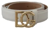 White Leather Gold DG Logo Buckle Belt Women sold by Louxly