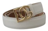 White Leather Gold DG Logo Buckle Belt Women sold by Louxly