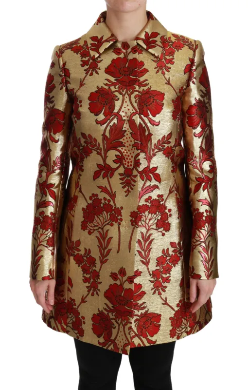 Elegant Gold Floral Brocade Trench Coat sold by Louxly