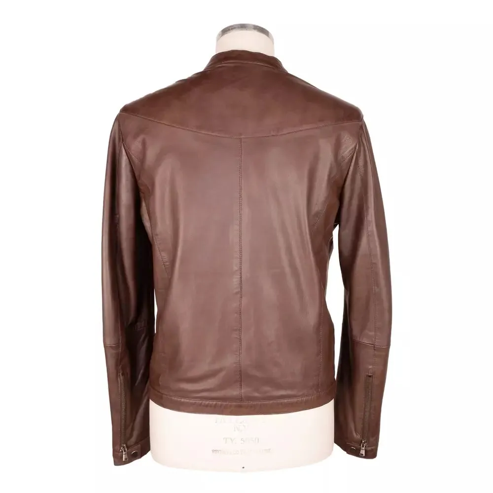 Elegant Brown Leather Jacket with Snap Collar sold by Louxly product image thumbnail 2