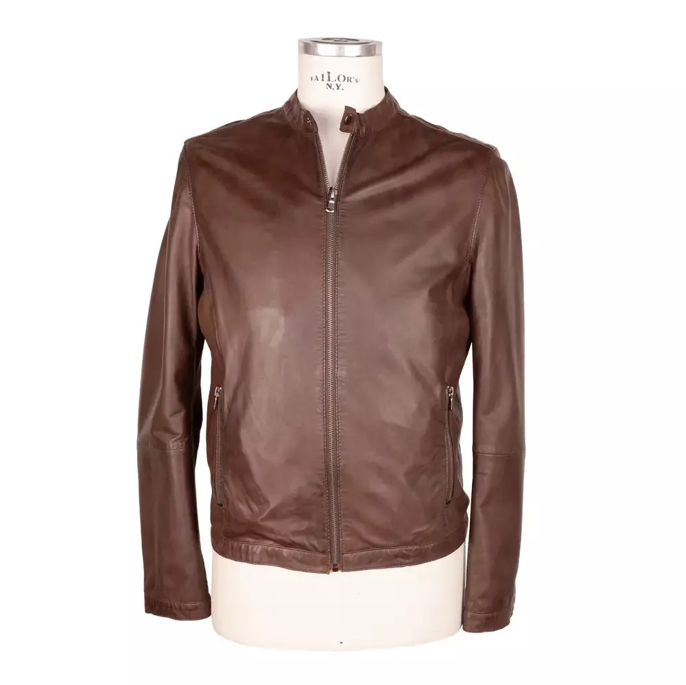 Elegant Brown Leather Jacket with Snap Collar sold by Louxly