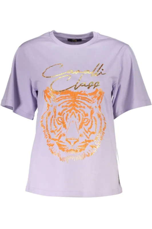 Elegant Purple Round Neck Tee with Logo Print sold by Louxly