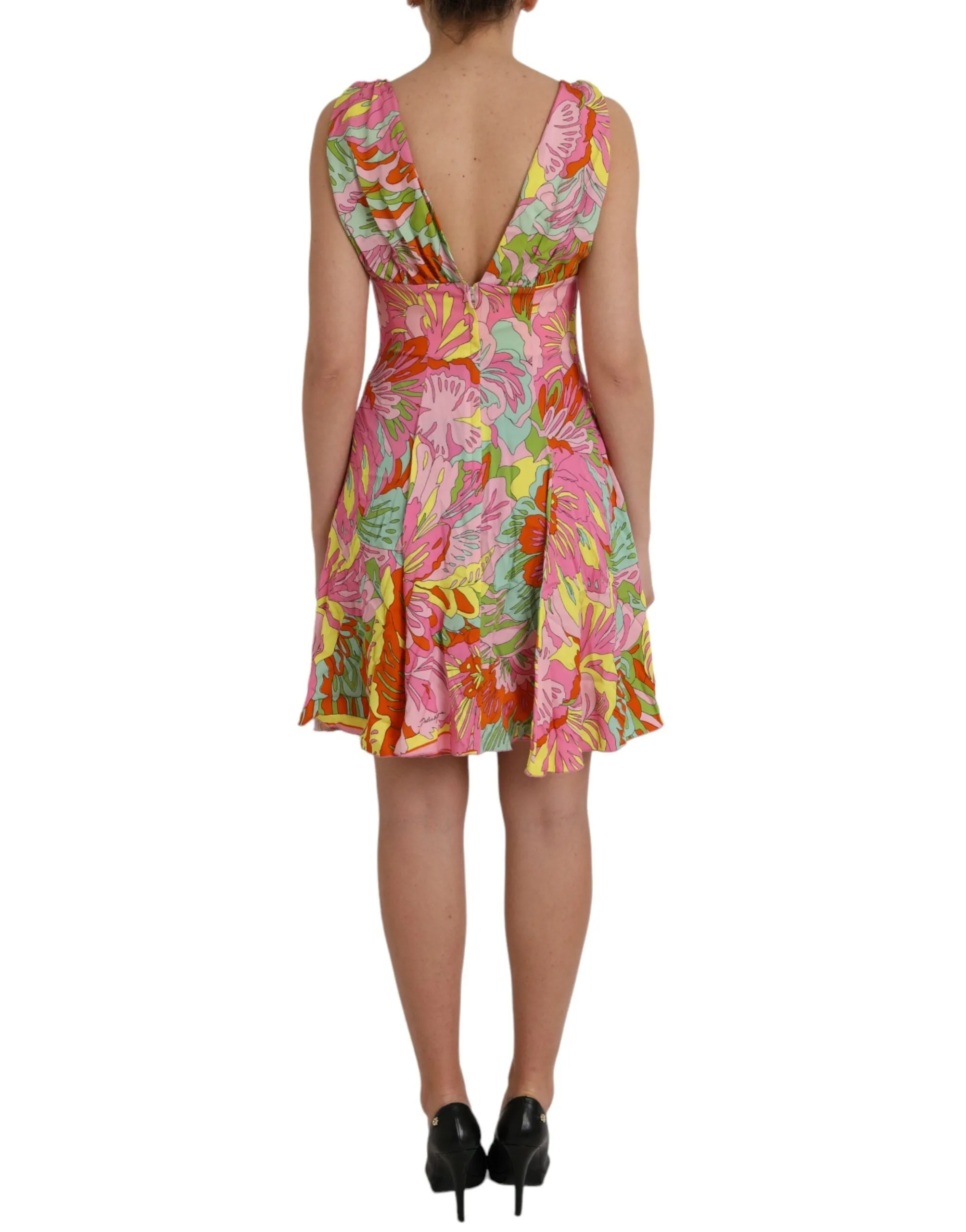 Multicolor Floral Silk Flared Mini Dress sold by Louxly product image thumbnail 4