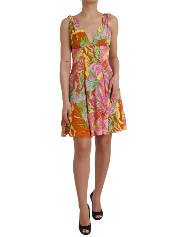 Multicolor Floral Silk Flared Mini Dress sold by Louxly