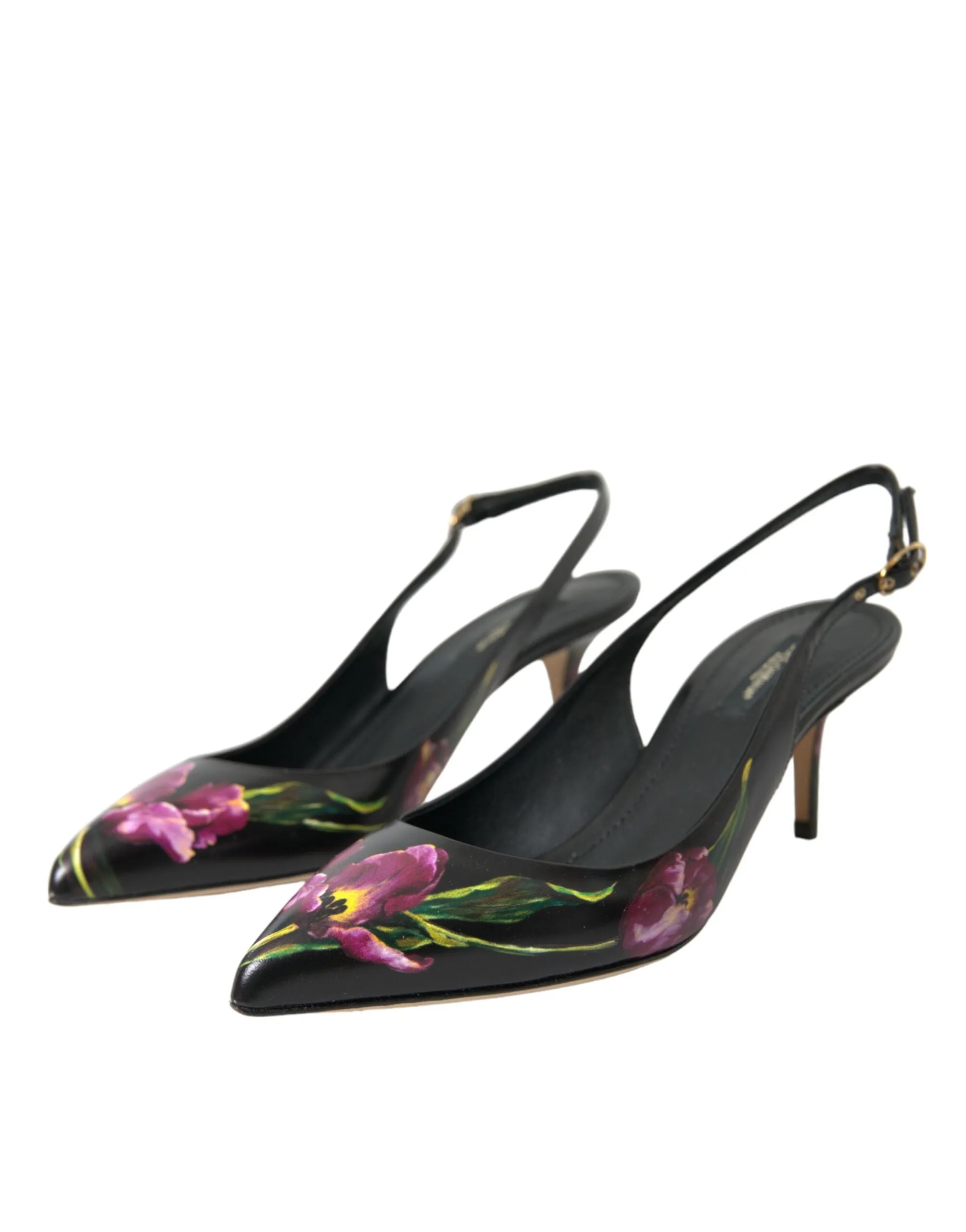 Black Floral Leather Heels Slingback Shoes sold by Louxly product image thumbnail 3