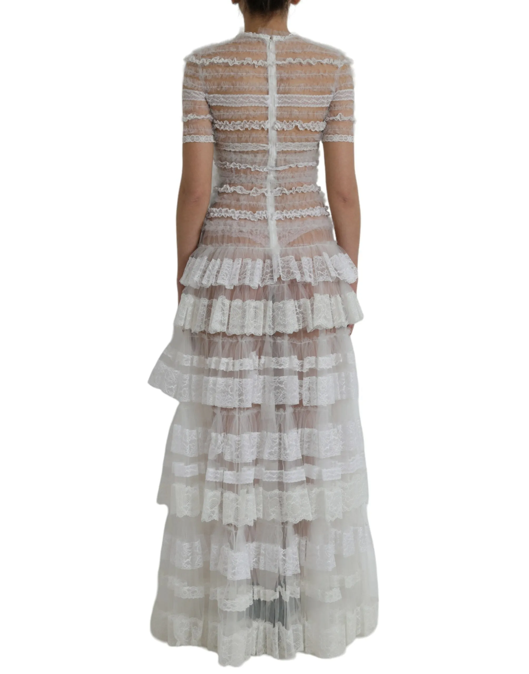 White Nylon Sheer Tiered Lace Maxi Dress sold by Louxly product image thumbnail 4