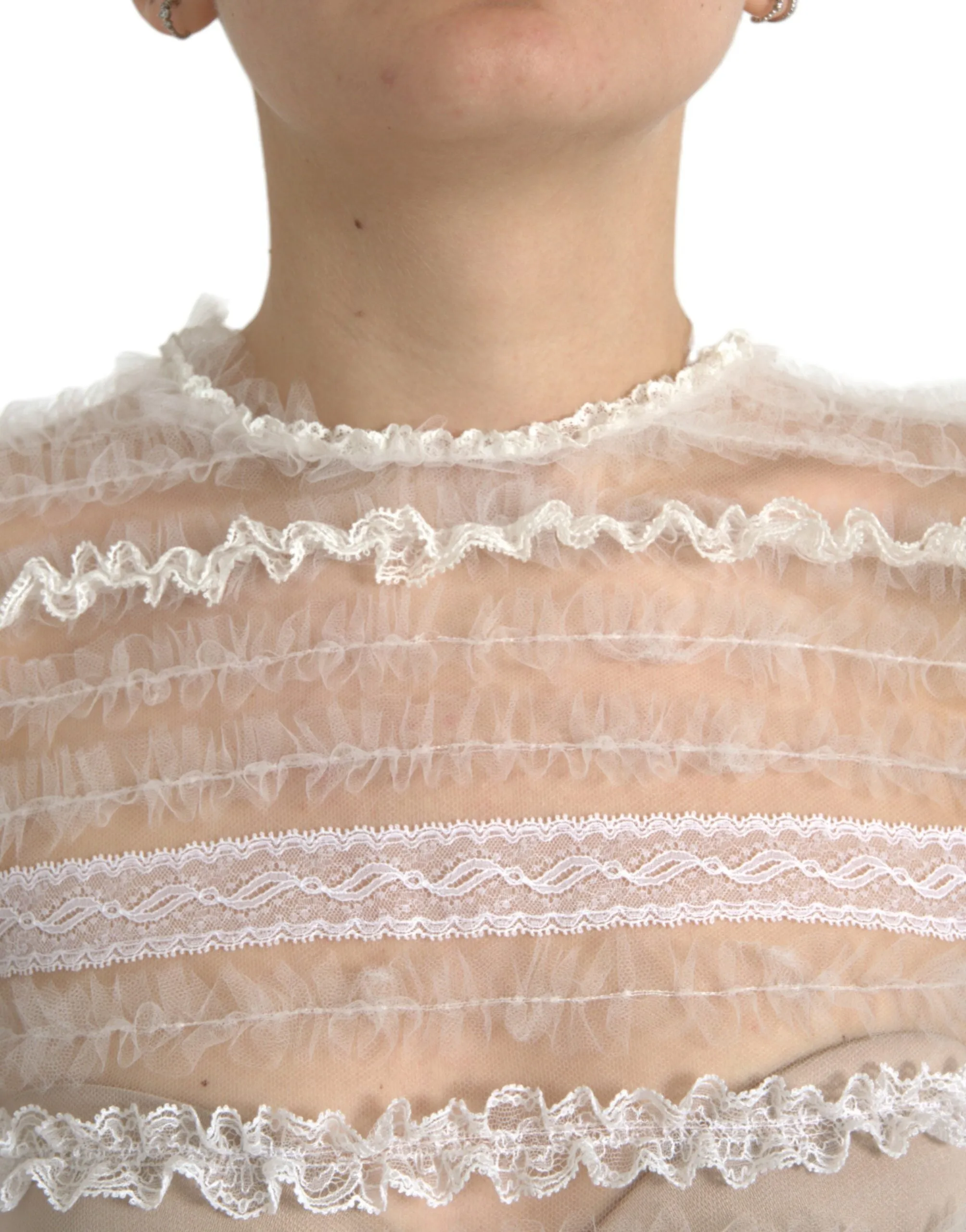 White Nylon Sheer Tiered Lace Maxi Dress sold by Louxly