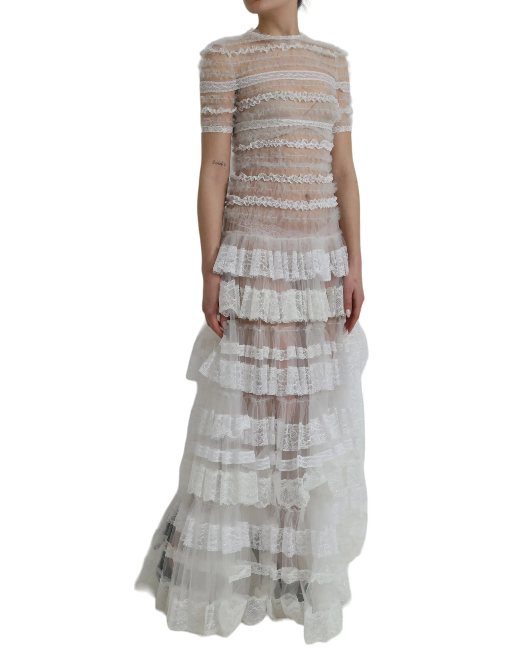 White Nylon Sheer Tiered Lace Maxi Dress sold by Louxly product image thumbnail 3