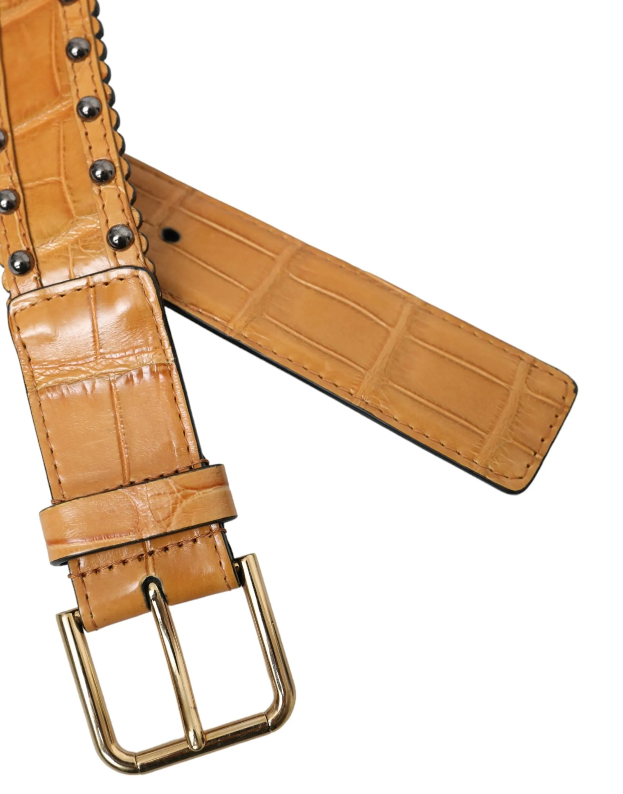 Beige Alligator Leather Studded Metal Buckle Belt sold by Louxly product image thumbnail 4