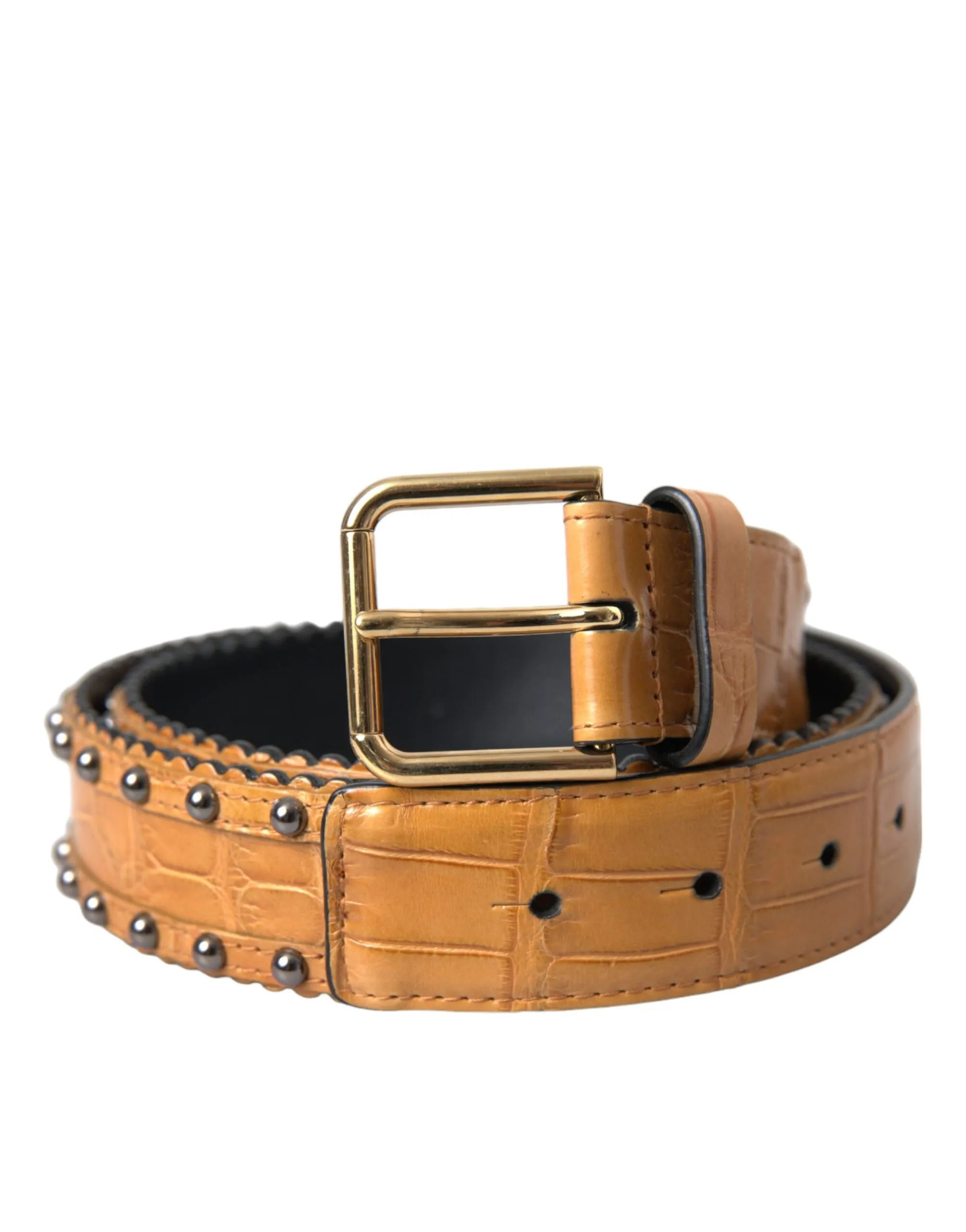 Beige Alligator Leather Studded Metal Buckle Belt sold by Louxly