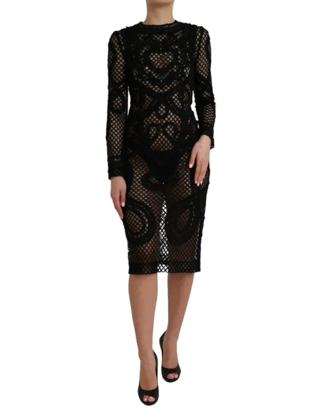 Black Sheer Long Sleeves Sheath Midi Dress sold by Louxly
