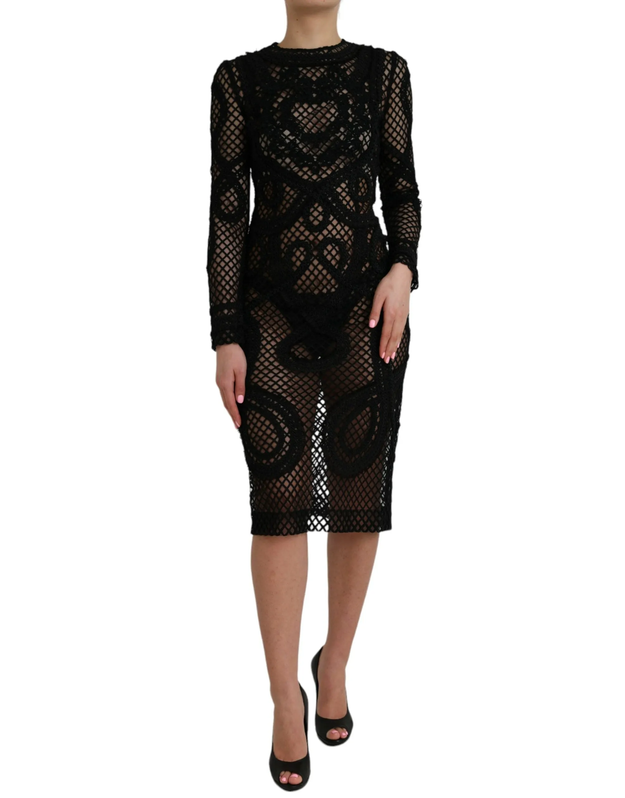 Black Sheer Long Sleeves Sheath Midi Dress sold by Louxly product image thumbnail 2