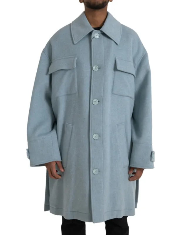 Light Blue Wool Button Trench Coat Jacket sold by Louxly